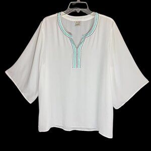 Ariat Women's XL Sheer Tunic White Embroidered Popover Top Bell Sleeves